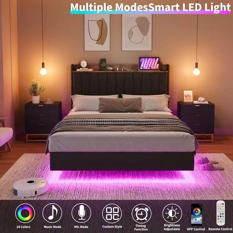 Giroletto sospeso con LED e testiera di ricarica – Nero / Grigio / Bianco sporco / Beige | Matrimoniale / Queen / King | Per 1-2 adulti
