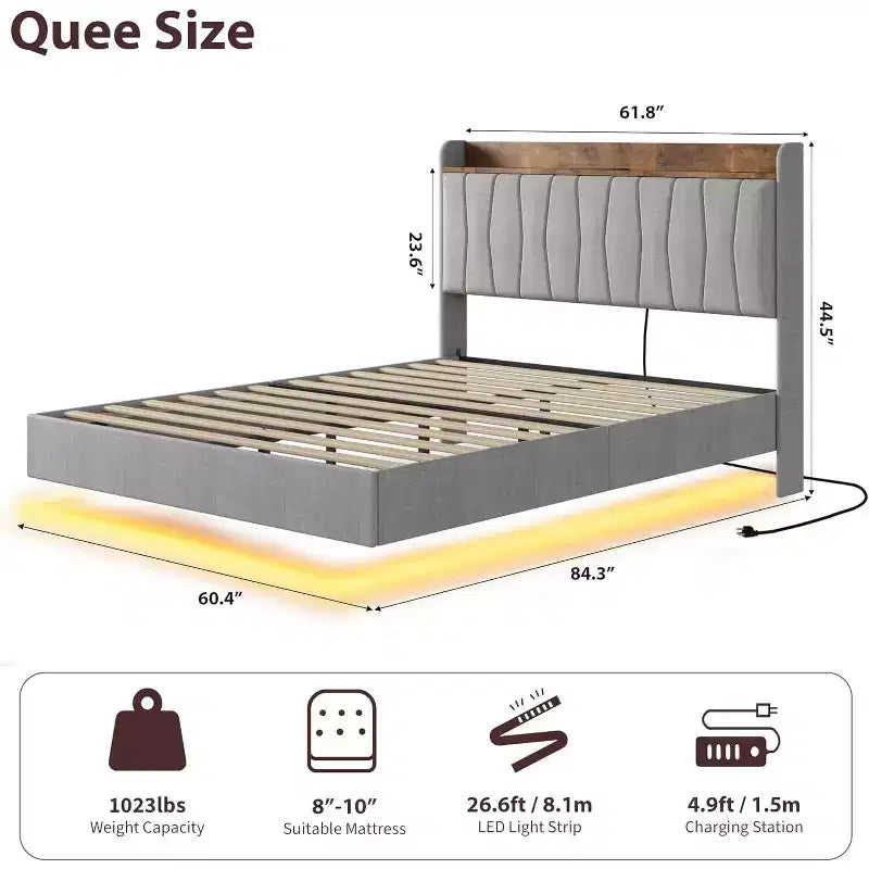 Giroletto sospeso con LED e testiera di ricarica – Nero / Grigio / Bianco sporco / Beige | Matrimoniale / Queen / King | Per 1-2 adulti