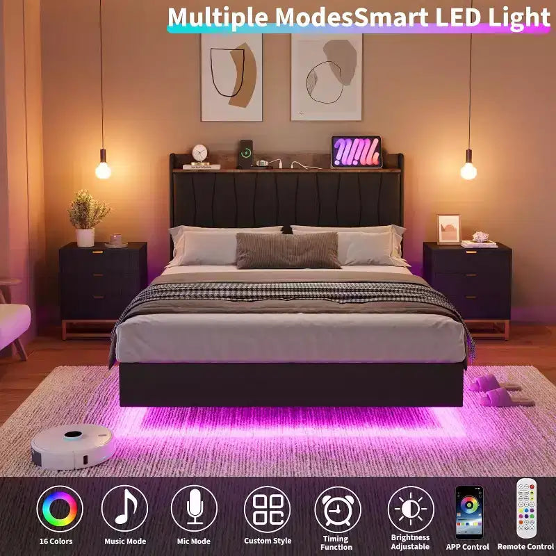 Giroletto sospeso con LED e testiera di ricarica – Nero / Grigio / Bianco sporco / Beige | Matrimoniale / Queen / King | Per 1-2 adulti