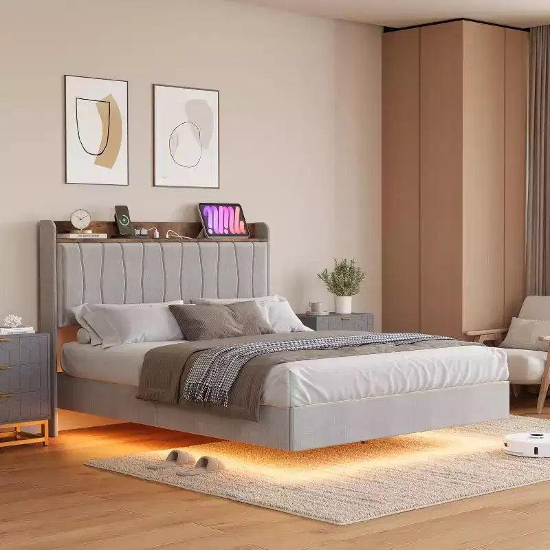 Giroletto sospeso con LED e testiera di ricarica – Nero / Grigio / Bianco sporco / Beige | Matrimoniale / Queen / King | Per 1-2 adulti