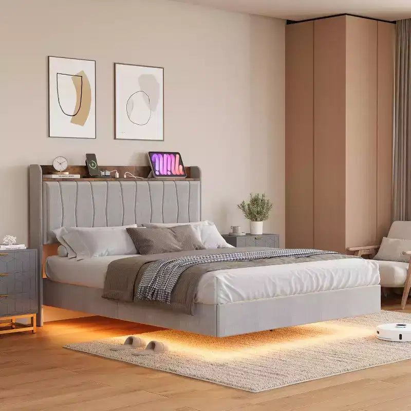 Giroletto sospeso con LED e testiera di ricarica – Nero / Grigio / Bianco sporco / Beige | Matrimoniale / Queen / King | Per 1-2 adulti