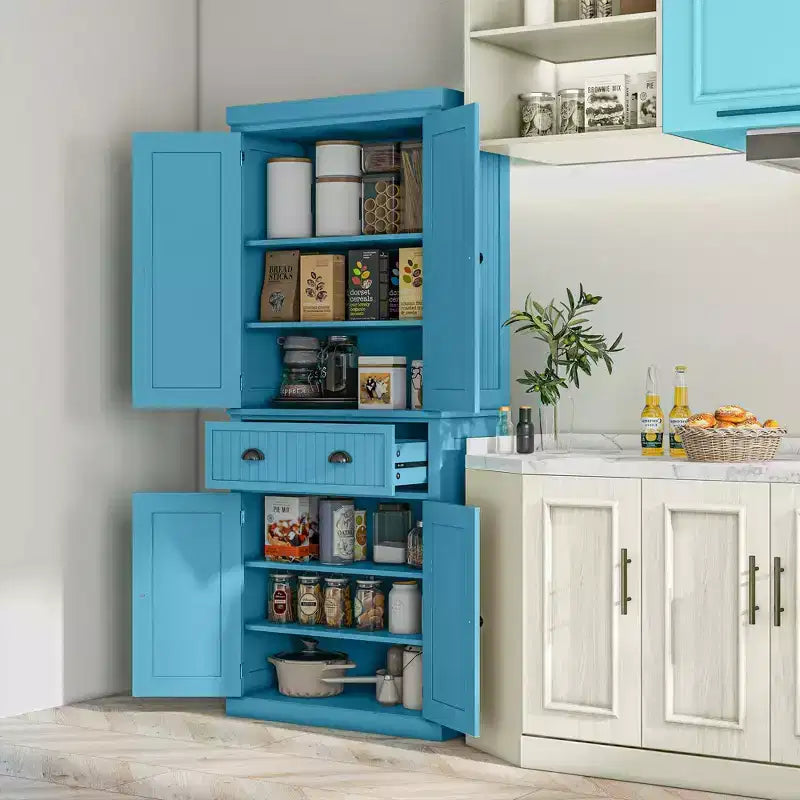 Dispensa/Mobile Contenitore 72" Nero/Blu, 4 Ante, Cassetto Centrale, Ripiani Regolabili