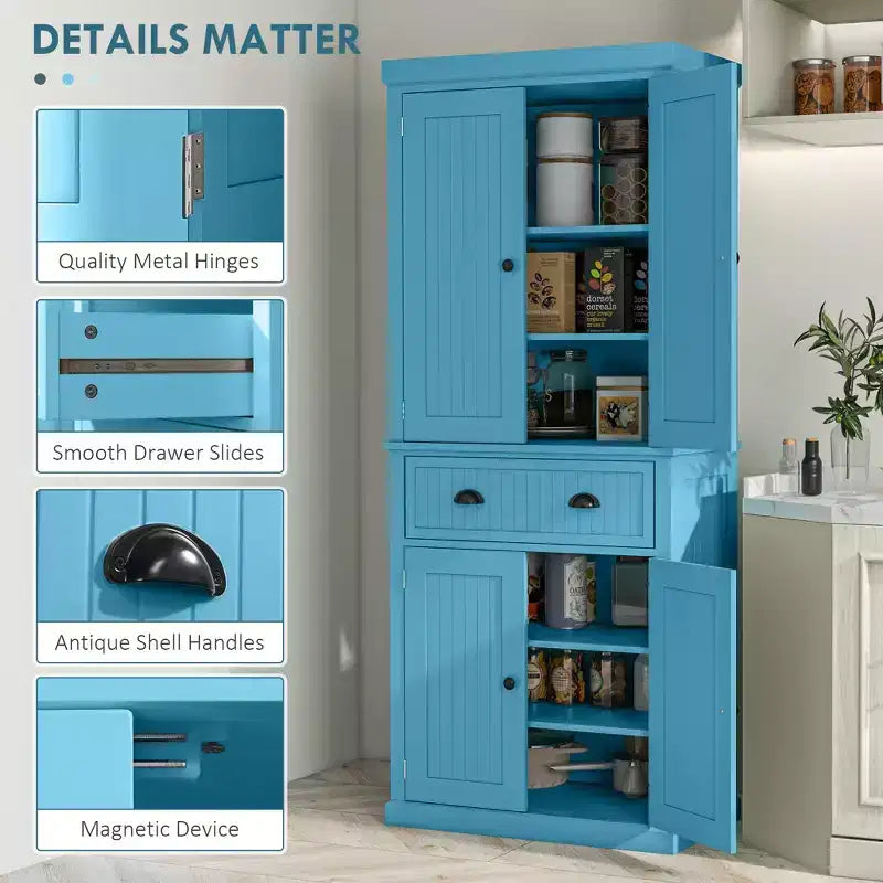 Dispensa/Mobile Contenitore 72" Nero/Blu, 4 Ante, Cassetto Centrale, Ripiani Regolabili