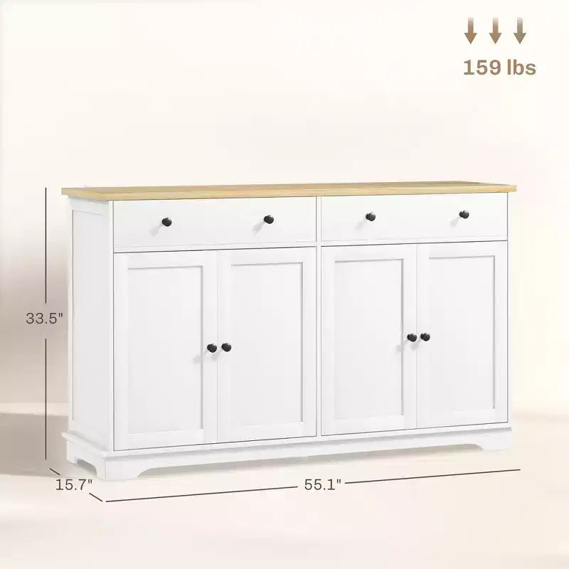 Credenza in rovere e bianca, 2 ante e 2 cassetti, ripiani regolabili