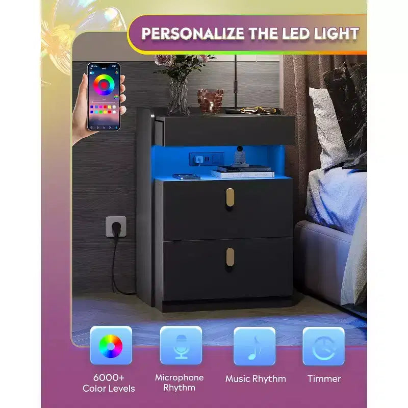 Comodino Bianco/Nero con Luci LED e Stazione di Ricarica, Piano Scorrevole + 2 Cassetti