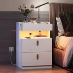 Comodino Bianco/Nero con Luci LED e Stazione di Ricarica, Piano Scorrevole + 2 Cassetti