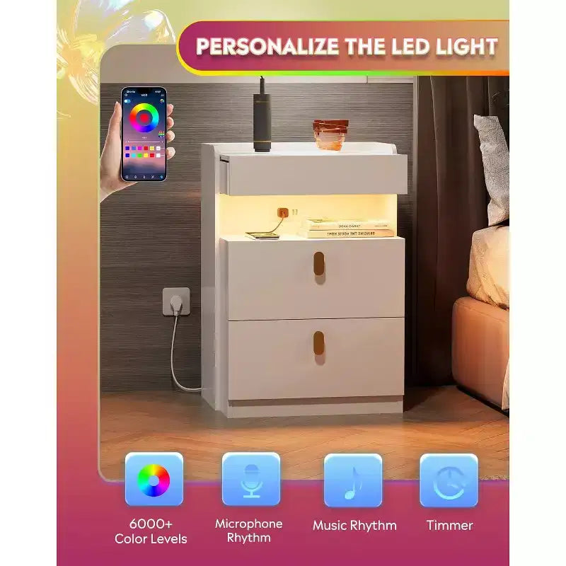 Comodino Bianco/Nero con Luci LED e Stazione di Ricarica, Piano Scorrevole + 2 Cassetti