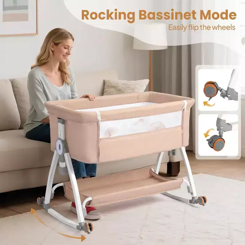 Culla convertibile 3-in-1 beige con ruote, per 1 bambino (0-12 mesi)