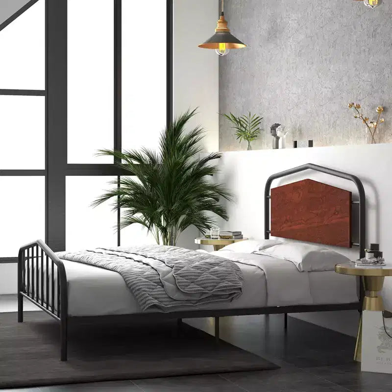 Struttura letto a piattaforma matrimoniale in noce con testiera in legno - Struttura in metallo, adatta a 2