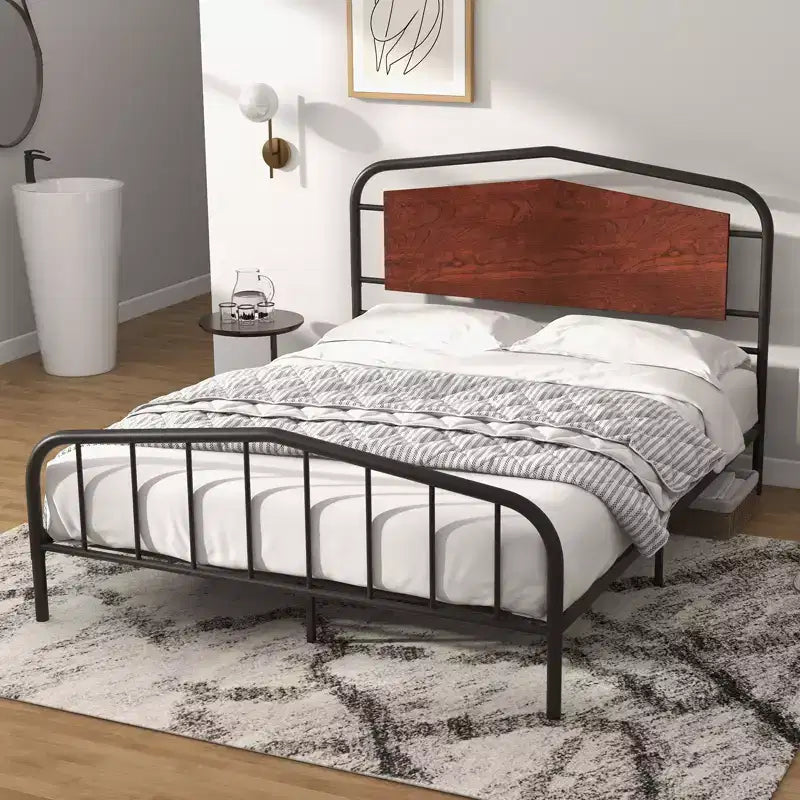 Struttura letto a piattaforma matrimoniale in noce con testiera in legno - Struttura in metallo, adatta a 2