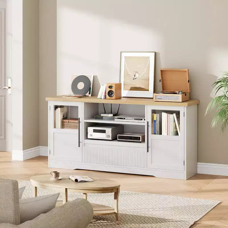 CuisinSmart Retro TV Stand Up To 75'' TVs, Farmhouse Media Console TV Cabinet with 2 Glass Doors&Open Shelves, for Living Room Bedroon