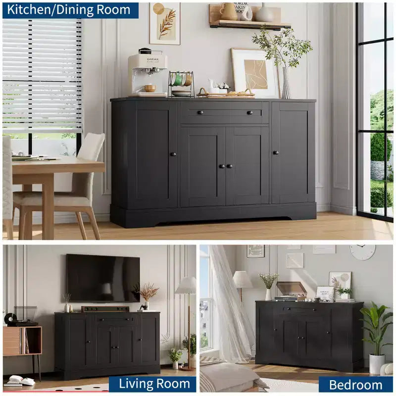 Credenza a buffet in legno naturale con cassetto e 4 ante, montaggio da una sola persona
