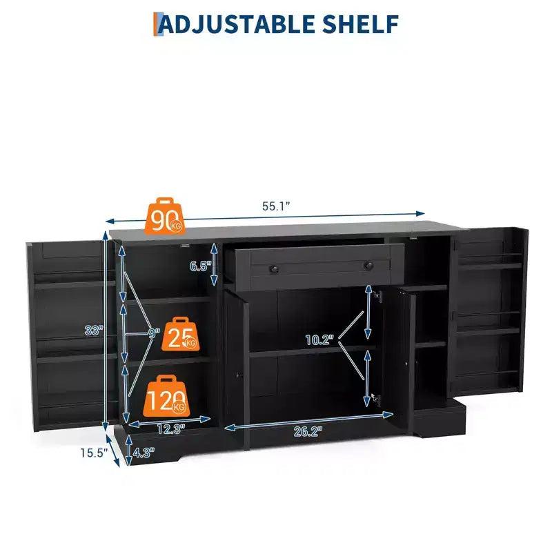 Credenza a buffet in legno naturale con cassetto e 4 ante, montaggio da una sola persona