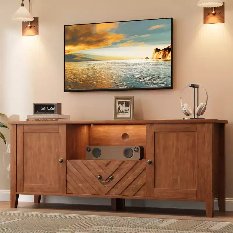 Mobile TV a V Marrone/Bianco con Luci LED | 2 Ante e 1 Cassetto | 1 Posto TV