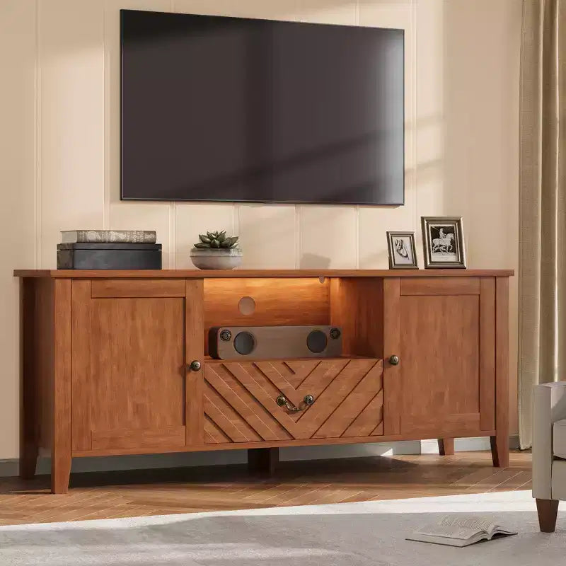 Mobile TV a V Marrone/Bianco con Luci LED | 2 Ante e 1 Cassetto | 1 Posto TV