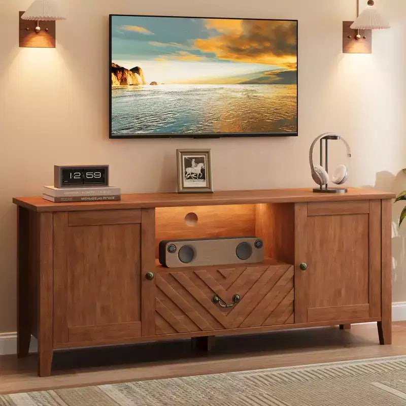 Retro V-shaped TV cabinet with LED lighting suitable for living rooms, bedrooms and entertainment centres. Features two storage doors and one drawer.