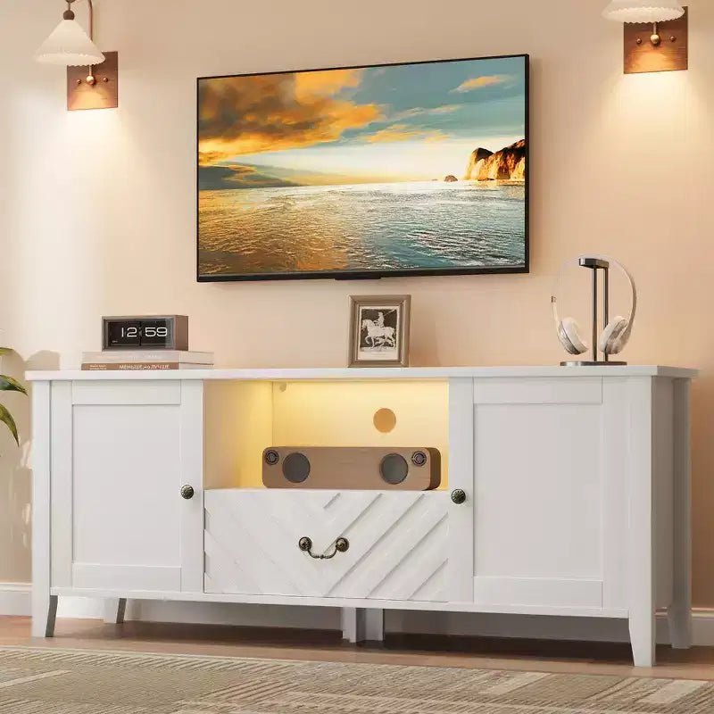 Mobile TV a V Marrone/Bianco con Luci LED | 2 Ante e 1 Cassetto | 1 Posto TV