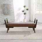 Panca imbottita in ciniglia/PU beige/cognac, stile Mid-Century, 2-3 posti a sedere