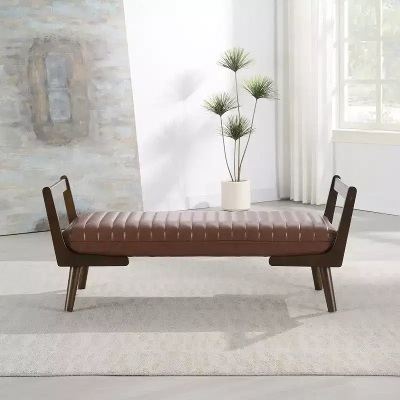 Panca imbottita in ciniglia/PU beige/cognac, stile Mid-Century, 2-3 posti a sedere