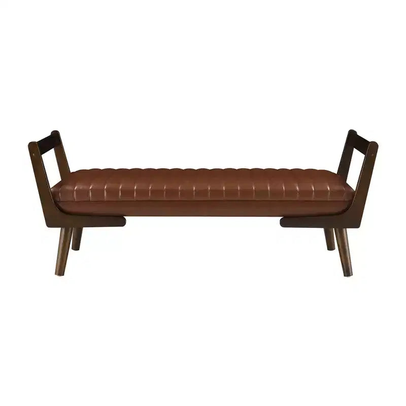 Panca imbottita in ciniglia/PU beige/cognac, stile Mid-Century, 2-3 posti a sedere