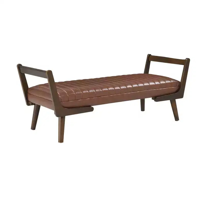 Panca imbottita in ciniglia/PU beige/cognac, stile Mid-Century, 2-3 posti a sedere