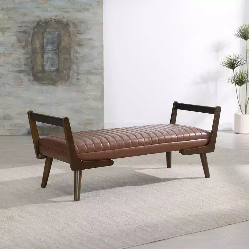 Panca imbottita in ciniglia/PU beige/cognac, stile Mid-Century, 2-3 posti a sedere