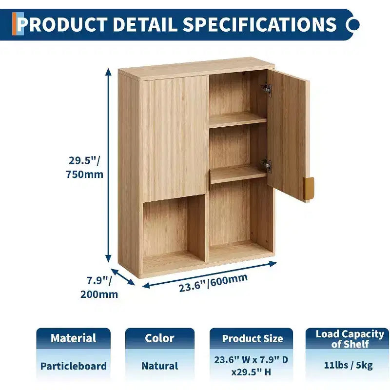Pensile scanalato color legno, anta singola, per 1 persona (60 cm L × 75,5 cm H)