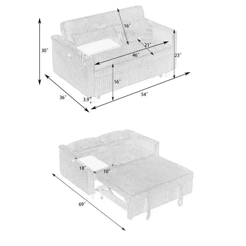 Divano letto a due posti in velluto a coste beige