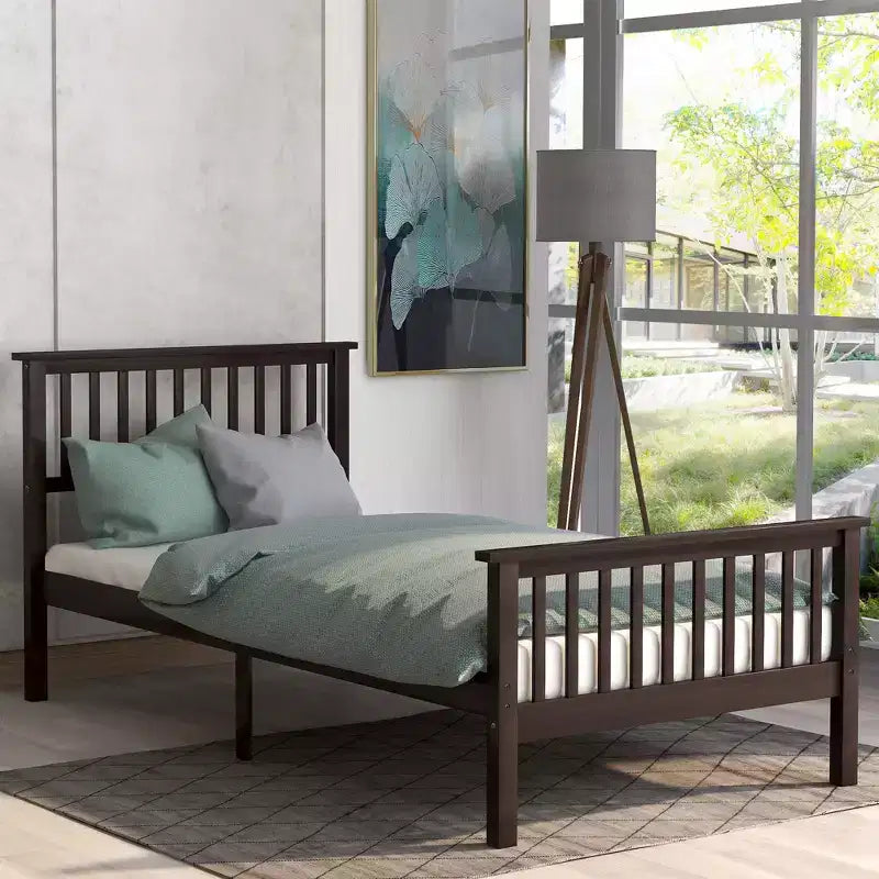 Letto a piattaforma singolo in legno naturale con testiera e pediera – Singolo