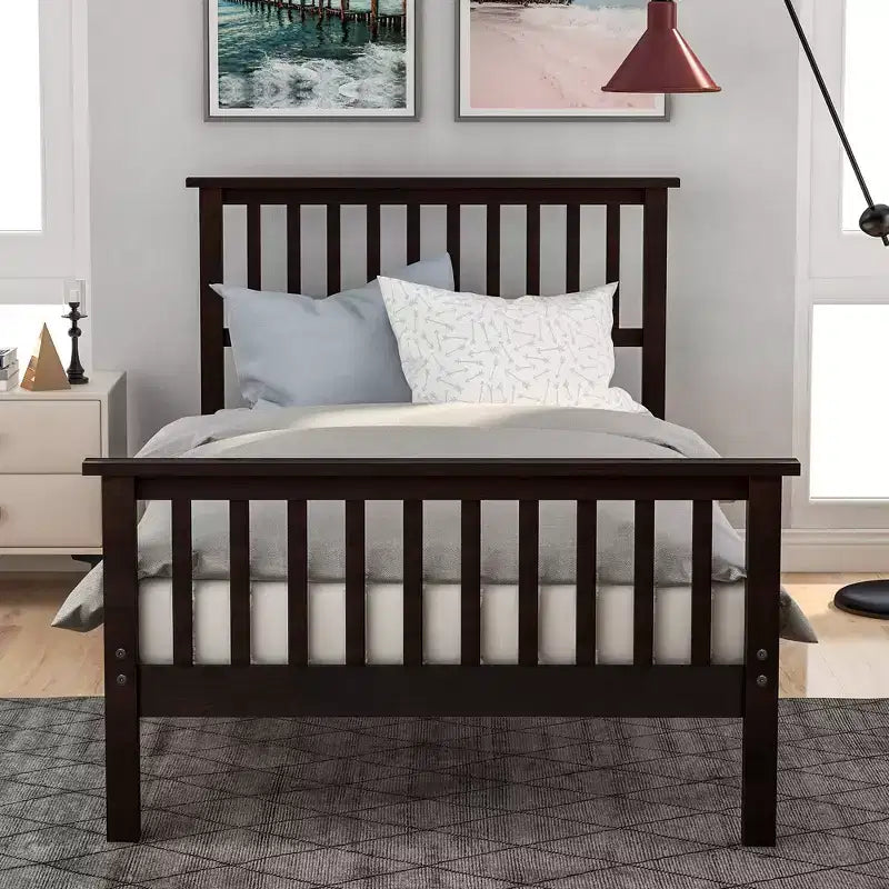 Letto a piattaforma singolo in legno naturale con testiera e pediera – Singolo