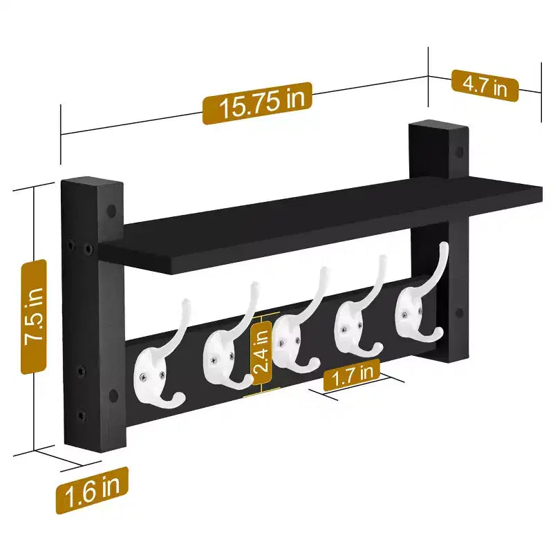 Mensola da parete galleggiante da 16" con 5 ganci doppi – Nero / Nero e bianco / Marrone / Grigio / Acero / Bianco, Montaggio singolo
