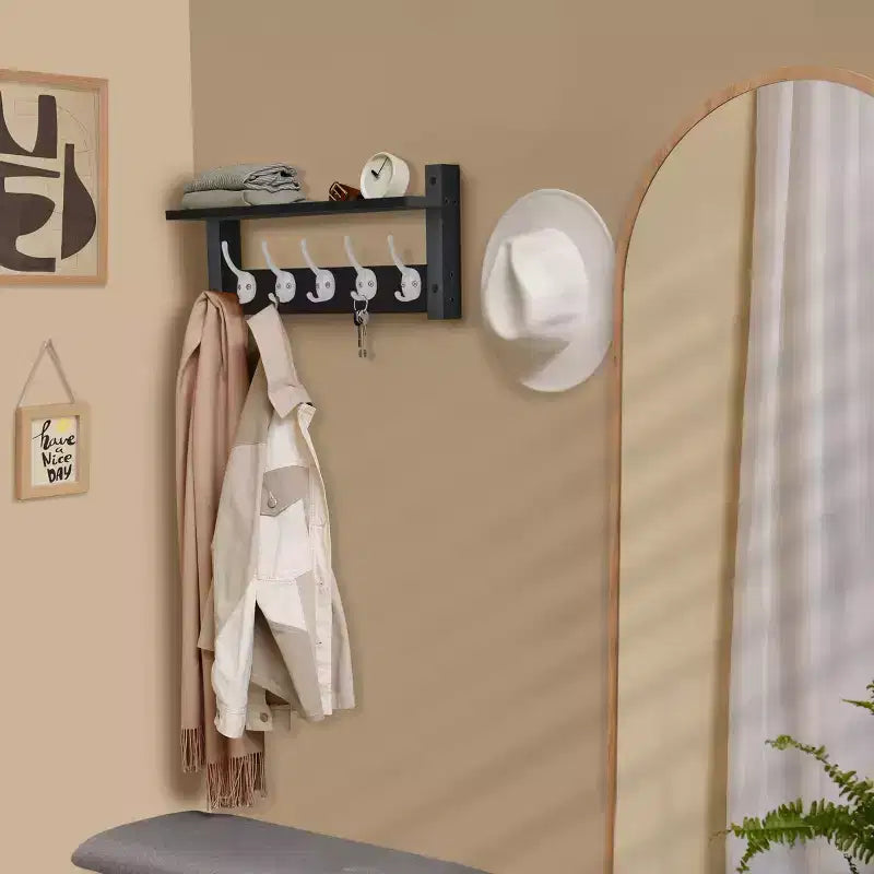 Mensola da parete galleggiante da 16" con 5 ganci doppi – Nero / Nero e bianco / Marrone / Grigio / Acero / Bianco, Montaggio singolo