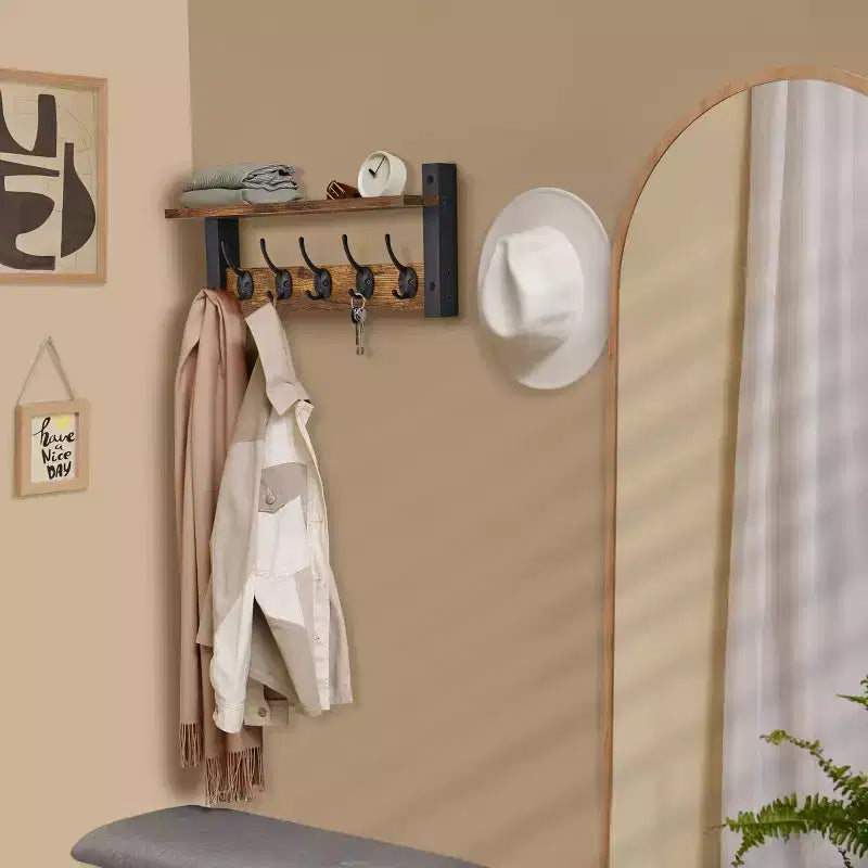 Mensola da parete galleggiante da 16" con 5 ganci doppi – Nero / Nero e bianco / Marrone / Grigio / Acero / Bianco, Montaggio singolo