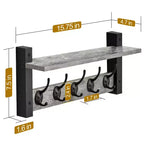 Mensola da parete galleggiante da 16" con 5 ganci doppi – Nero / Nero e bianco / Marrone / Grigio / Acero / Bianco, Montaggio singolo