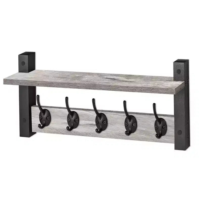 Mensola da parete galleggiante da 16" con 5 ganci doppi – Nero / Nero e bianco / Marrone / Grigio / Acero / Bianco, Montaggio singolo