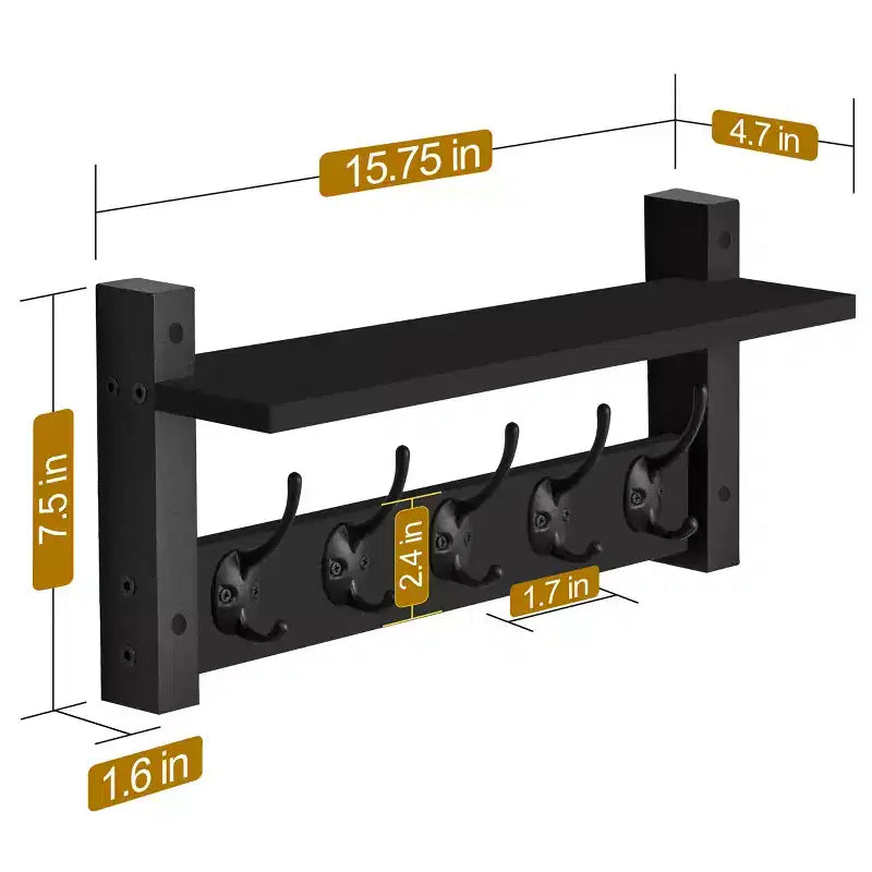 Mensola da parete galleggiante da 16" con 5 ganci doppi – Nero / Nero e bianco / Marrone / Grigio / Acero / Bianco, Montaggio singolo