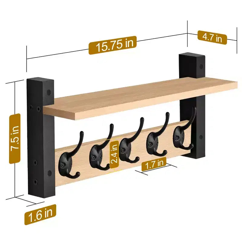 Mensola da parete galleggiante da 16" con 5 ganci doppi – Nero / Nero e bianco / Marrone / Grigio / Acero / Bianco, Montaggio singolo