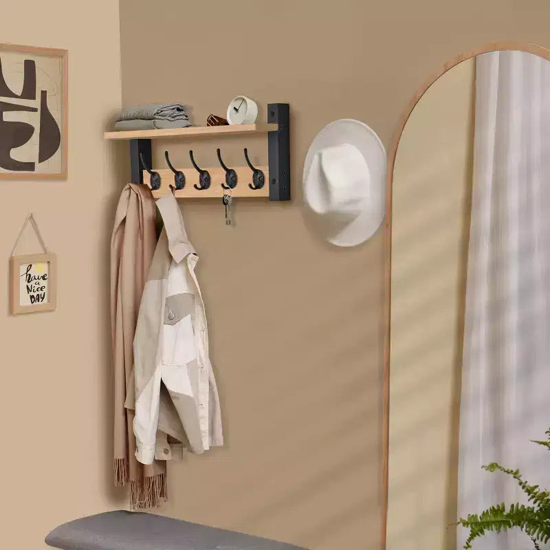 Mensola da parete galleggiante da 16" con 5 ganci doppi – Nero / Nero e bianco / Marrone / Grigio / Acero / Bianco, Montaggio singolo