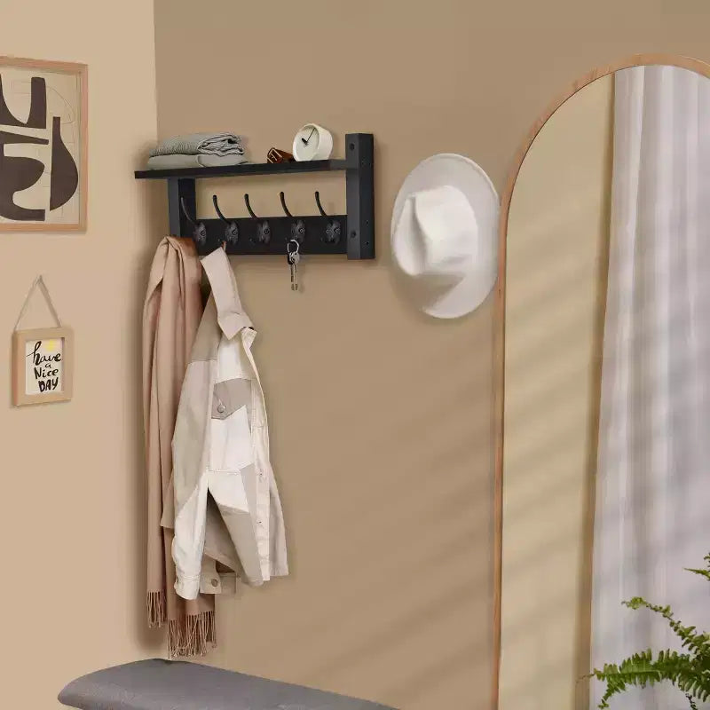 Mensola da parete galleggiante da 16" con 5 ganci doppi – Nero / Nero e bianco / Marrone / Grigio / Acero / Bianco, Montaggio singolo