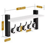 Mensola da parete galleggiante da 16" con 5 ganci doppi – Nero / Nero e bianco / Marrone / Grigio / Acero / Bianco, Montaggio singolo
