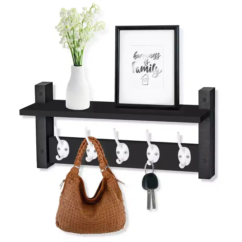 Mensola da parete galleggiante da 16" con 5 ganci doppi – Nero / Nero e bianco / Marrone / Grigio / Acero / Bianco, Montaggio singolo
