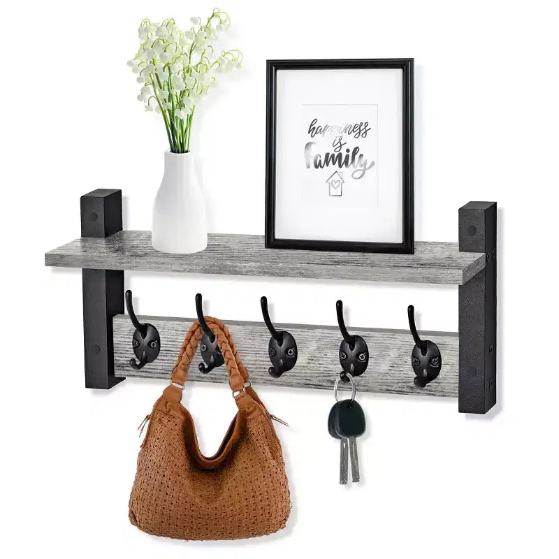 Mensola da parete galleggiante da 16" con 5 ganci doppi – Nero / Nero e bianco / Marrone / Grigio / Acero / Bianco, Montaggio singolo
