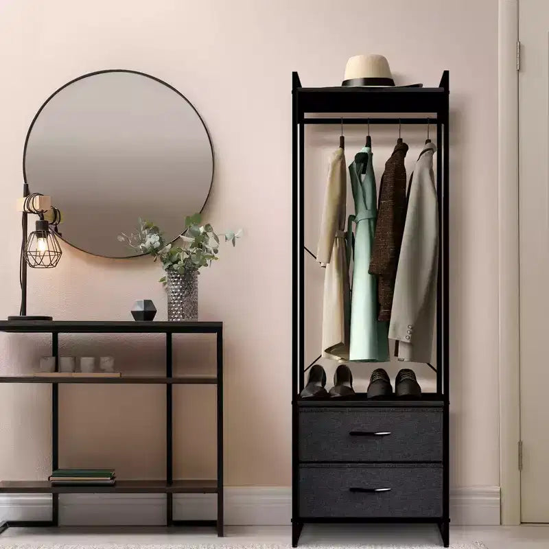 Appendiabiti con 2 cassetti e ripiano superiore in legno – Acqua / Nero / Grigio / Rosa / Ruggine / Bianco, 1 persona