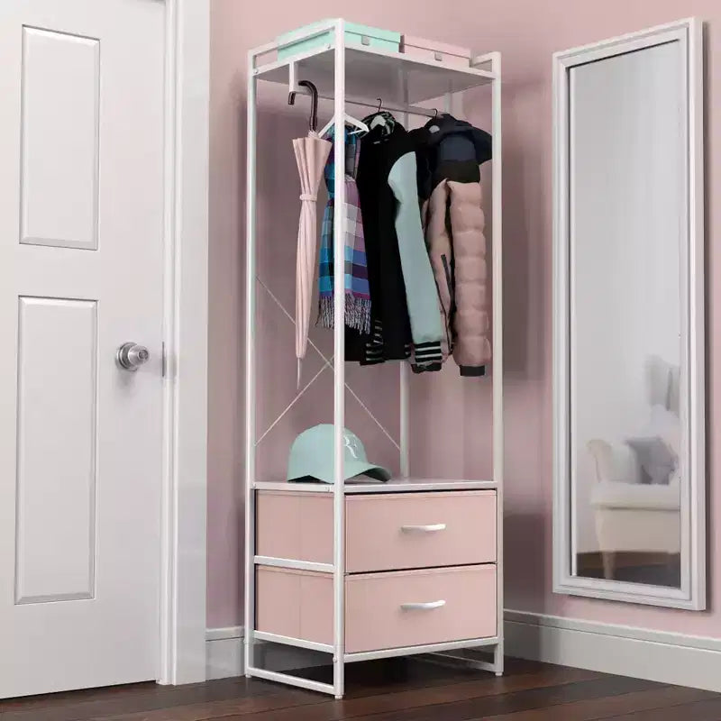 Appendiabiti con 2 cassetti e ripiano superiore in legno – Acqua / Nero / Grigio / Rosa / Ruggine / Bianco, 1 persona