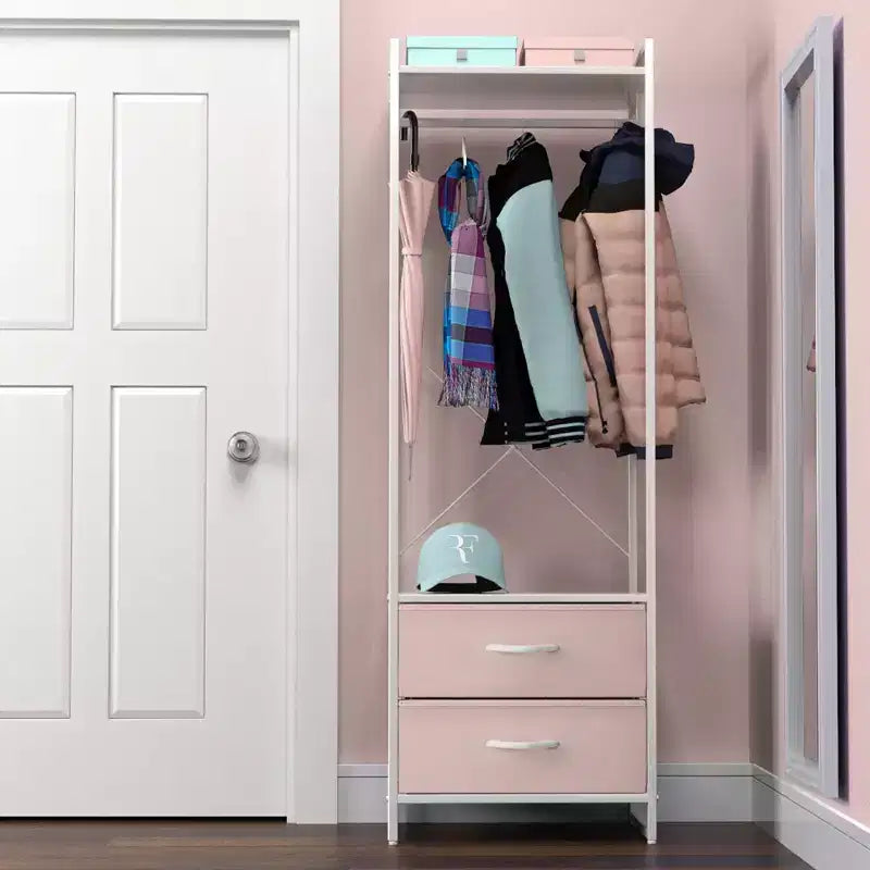 Appendiabiti con 2 cassetti e ripiano superiore in legno – Acqua / Nero / Grigio / Rosa / Ruggine / Bianco, 1 persona