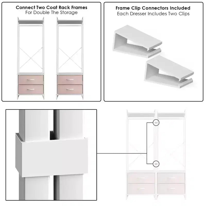 Appendiabiti con 2 cassetti e ripiano superiore in legno – Acqua / Nero / Grigio / Rosa / Ruggine / Bianco, 1 persona
