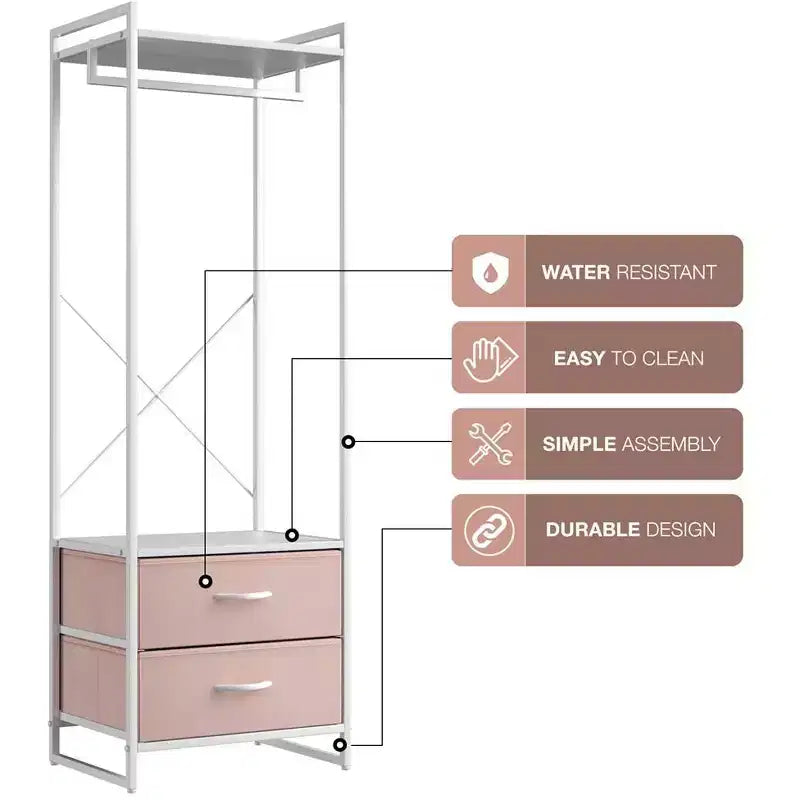 Appendiabiti con 2 cassetti e ripiano superiore in legno – Acqua / Nero / Grigio / Rosa / Ruggine / Bianco, 1 persona