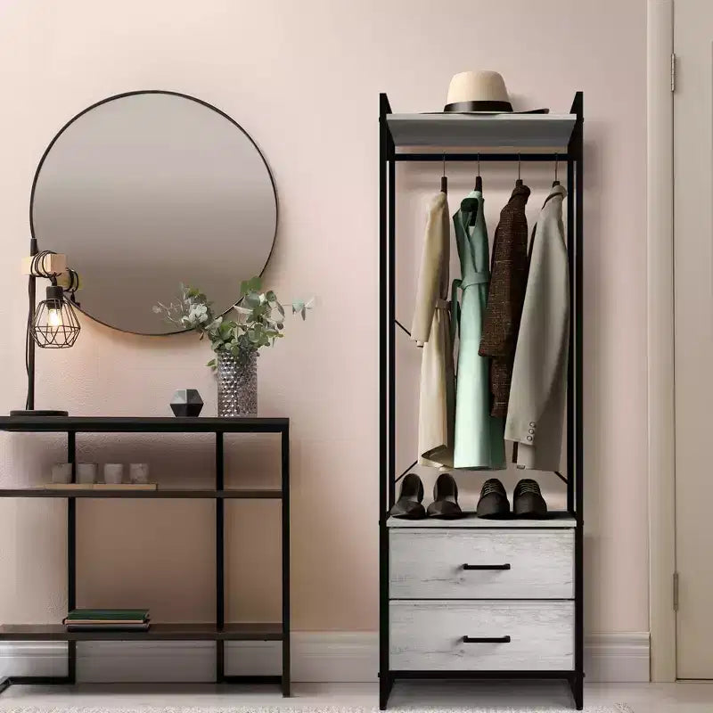 Appendiabiti con 2 cassetti e ripiano superiore in legno – Acqua / Nero / Grigio / Rosa / Ruggine / Bianco, 1 persona
