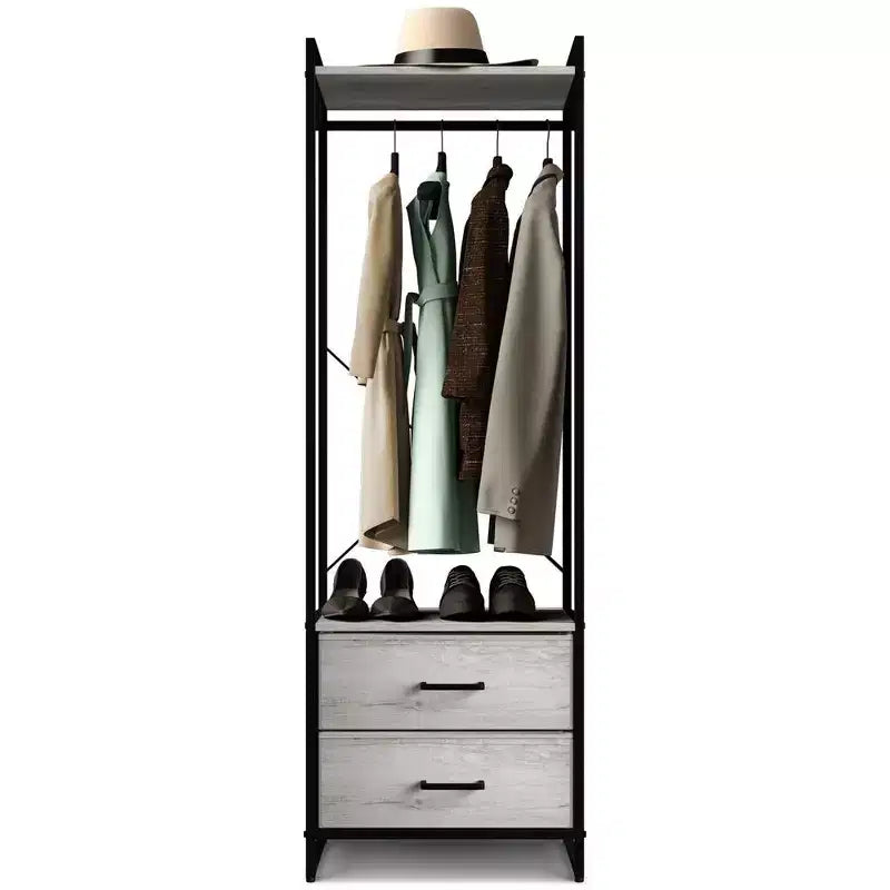 Appendiabiti con 2 cassetti e ripiano superiore in legno – Acqua / Nero / Grigio / Rosa / Ruggine / Bianco, 1 persona