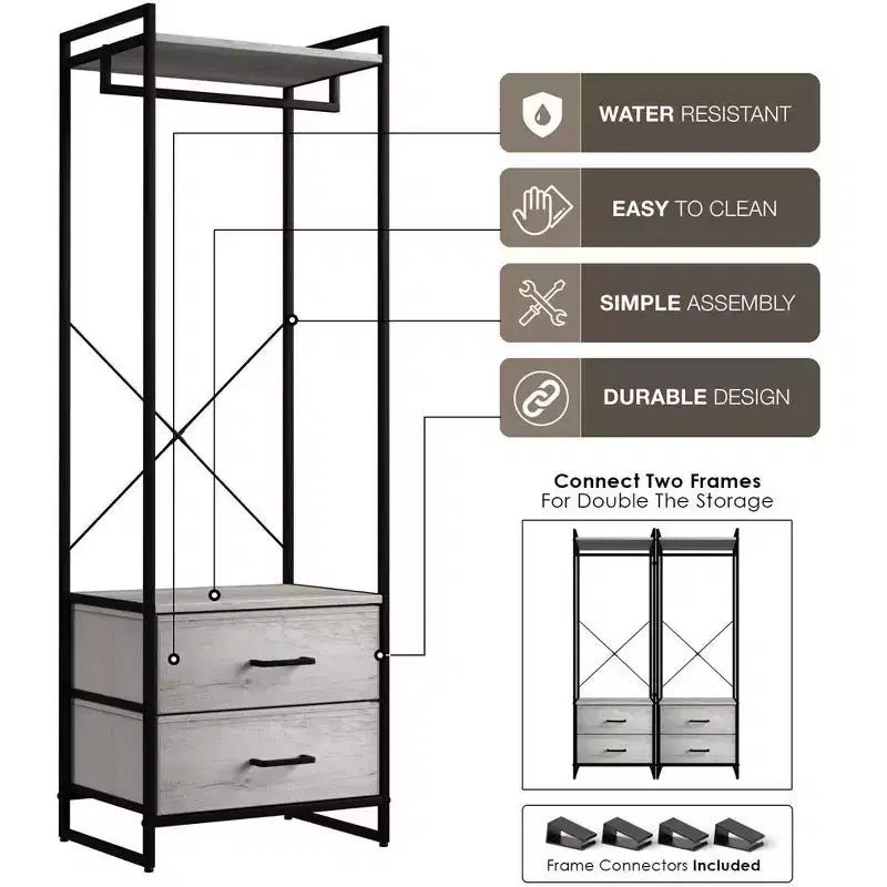 Appendiabiti con 2 cassetti e ripiano superiore in legno – Acqua / Nero / Grigio / Rosa / Ruggine / Bianco, 1 persona